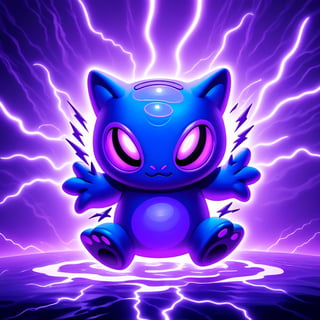 Mew Electro Slime in shades of purple and violet with a glowing angler antennae glowing eyes and bursting with electricity, background purple lightning storm, masterpiece, best quality,bangerooo
