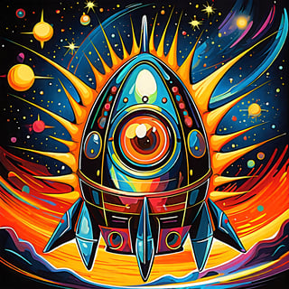 spiked spaceship with eyes in fauvism art style

