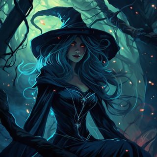 Evil tangled witch in the woods in cool tones art style