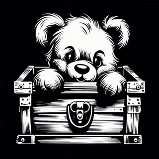 Scary Teddybear in a Box in b&w vintage cartoon art style