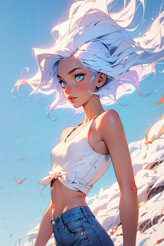 (hills background), (best shadow), 1woman, little-blue hair, long hair, past_the_weste, (white through tank top), blue_jeans, beautiful breast, windy hair,r1ge