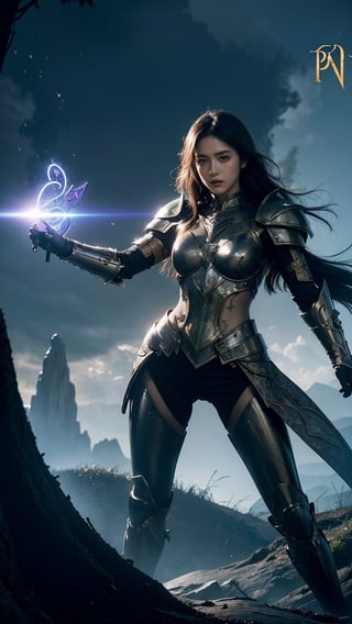 fantasy, epic, movie poster-style illustration, a girl standing in armor, with a dynamic and magical background, featuring prominent and well-designed typography elements, standing, confident, determined, wielding a sword, epic title, magical forest, glowing runes, bold text
