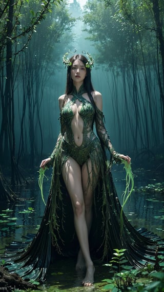 (in Gerald Brom style:1.4), (masterpiece:1.2), (A female swamp siren with skin of bioluminescent algae and hair of venomous jellyfish tentacles, adorned in a dress of interwoven mangrove roots and carnivorous pitcher plants, rendered in an eerie bioluminescent style with phosphorescent greens and blues, wearing unique Avant-garde masterpiece attire and headdress:1.1), (illuminated by the ghostly glow of swamp gas, set against the backdrop of a decaying mangrove forest filled with mutated creatures:1.1), (hyperdetailed:1.1), (intricate details:1.0), (Refined details:1.1), (best quality:1.1), (very stylish detailed modern haircut, mesmerizing detailed radiant face, mesmerizing detailed beautiful eyes:1.2)