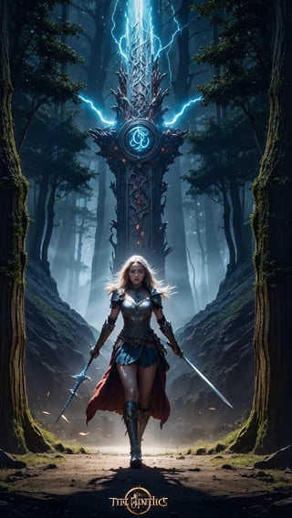 fantasy, epic, movie poster-style illustration, a girl standing in armor, with a dynamic and magical background, featuring prominent and well-designed typography elements, standing, confident, determined, wielding a sword, epic title, magical forest, glowing runes, bold text