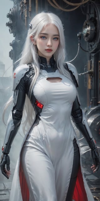 masterpiece, best quality, photorealistic, complex_background, 1girl, full body, white hair, beautifull face, engulfed in abyssaltech mist, dim_light, blue color scheme, red parts, ,Mechanical part