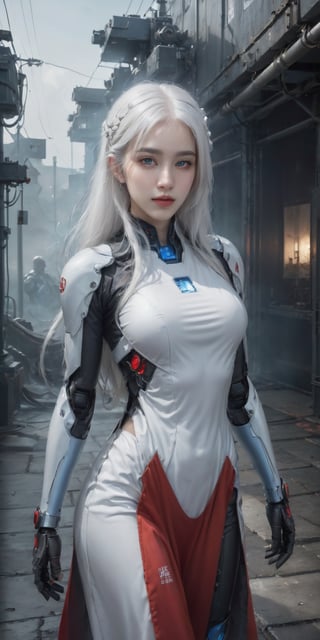 masterpiece, best quality, photorealistic, complex_background, 1girl, full body, white hair, beautifull face, engulfed in abyssaltech mist, dim_light, blue color scheme, red parts, ,Mechanical part