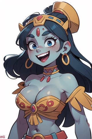 1 aztec goddess of the underworld laughing, evil face, murderess face, blue skin