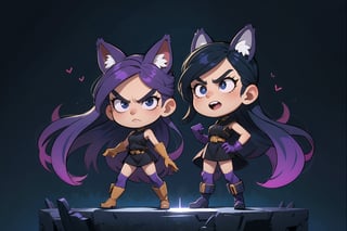 2.5D , very beautiful ninja girl, long purple hair, wolf ears
, short and small body, perfect long legs, ninja boots, ninja gloves, black stockings, black sleeveless shirt, killer face, the golden ratio (masterpiece, top quality, extreme), whole body, 
moonlight night background, angry face, chibi, MONOCHROME GLOWING