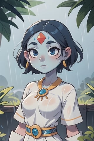 an Aztec goddess of rain, blue skin, serene face, white clothes, bare forehead, short hair