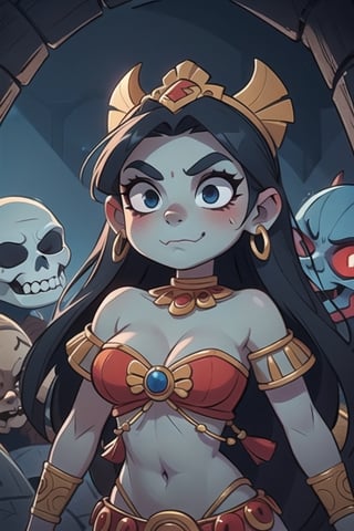 1 aztec goddess of the underworld, evil face, murderess face, blue skin