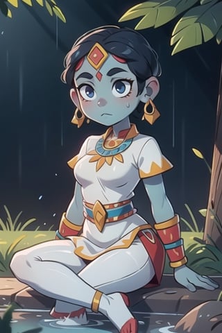 an Aztec goddess of rain, blue skin, serene face, white clothes, bare forehead, short hair