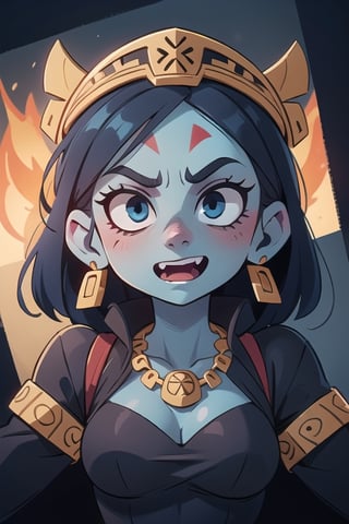1 aztec goddess of the underworld, evil face, crazy face, murderess face, blue skin