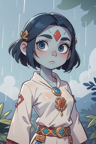 an Aztec rain goddess, blue skin, serene face, white clothes, bare forehead, short hair