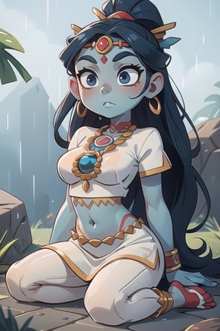 an Aztec goddess of rain, blue skin, serene face, white clothes, bare forehead