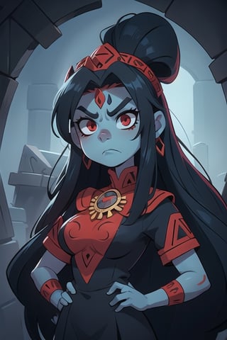 1 angry evil aztec goddess of the underworld, murderess face, blue skin, black clothing with red details, long hair, red eyes