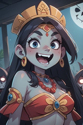 1 aztec goddess of the underworld, evil face, murderess face, blue skin, laughing