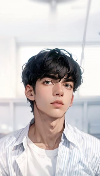 solo, looking at viewer, shirt, black hair, 1boy, white shirt, upper body, male focus, striped, collared shirt, black eyes, lips, striped shirt, realistic