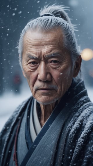 (photorealistic), beautiful lighting, best quality, realistic, full length portrait, real image, intricate details, depth of field, 1 elderly man, in a cold snowstorm, best quality, a Hi-Tech, 8k , monster samurai
