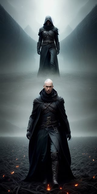 image of a man in a long black coat standing in a field of dead soldiers, yuri shwedoff and tom bagshaw, dark concept art, dark cinematic concept art, dramatic concept art, an ominous fantasy illustration, film still from movie dune-2021, dark soul concept, steel inquisitor from mistborn, hell street
