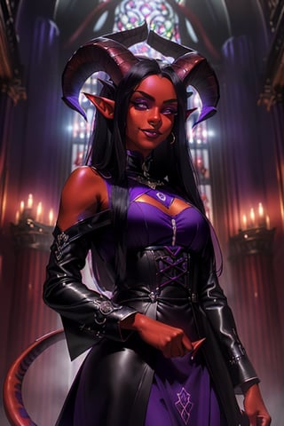 1girl, solo, tiefling, (18 years old, slender, symmetrical face, high detail face, high detail skin, devil tail, long black hair, purple iris, purple ram horns, elf ears), (red skin:1.3), (ram horns:1.2), devil tail, confident smile, wearing gothic dress, inside library, (masterpiece, top quality, best quality, beautiful and aesthetic:1.2)