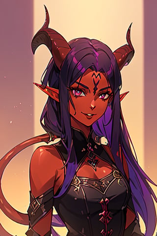 1girl, solo, tiefling, (18 years old, slender, symmetrical face, high detail face, high detail skin, devil tail, long black hair, purple iris, purple ram horns, elf ears), (red skin:1.3), (ram horns:1.2), devil tail, confident smile, wearing gothic dress, inside library, (masterpiece, top quality, best quality, beautiful and aesthetic:1.2)