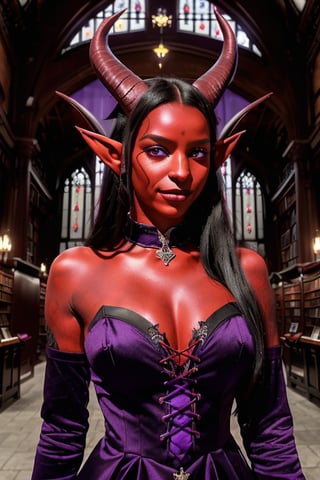 1girl, solo, tiefling, (18 years old, slender, symmetrical face, high detail face, high detail skin, devil tail, long black hair, purple iris, purple ram horns, elf ears), (red skin:1.3), (ram horns:1.2), devil tail, confident smile, wearing gothic dress, inside library, (masterpiece, top quality, best quality, beautiful and aesthetic:1.2)