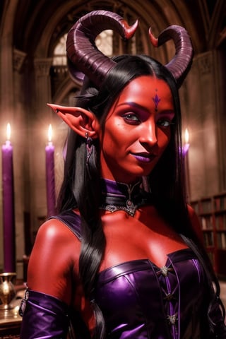 1girl, solo, tiefling, (18 years old, slender, symmetrical face, high detail face, high detail skin, devil tail, long black hair, purple iris, purple ram horns, elf ears), (red skin:1.3), (ram horns:1.2), devil tail, confident smile, wearing gothic dress, inside library, (masterpiece, top quality, best quality, beautiful and aesthetic:1.2)