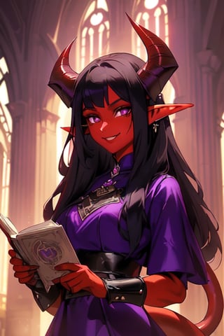 1girl, solo, tiefling, (18 years old, slender, symmetrical face, high detail face, high detail skin, devil tail, long black hair, purple iris, purple ram horns, elf ears), (red skin:1.3), (ram horns:1.2), devil tail, confident smile, wearing gothic dress, inside library, (masterpiece, top quality, best quality, beautiful and aesthetic:1.2)