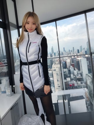 masterpiece, highest quality, High resolution, 1girl, solo, long hair, breasts, looking at viewer, smile,shiny latex white astrovest,downjacket,downskirt,blonde hair,long hair, brown eyes, black ,belt,black tights,black long sleeves,medium breasts,japanese women, standing, blurry, dark-skinned female, lips, bodysuit, blurry background, hands on hips,astrovest,BREAK white futuristic room, building, scenery, reflection, science fiction, city, cityscape, planet, skyscraper, holographic interface 