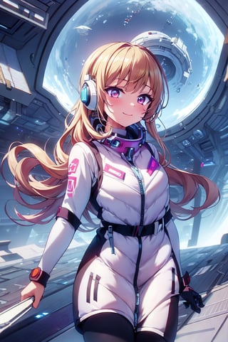 Extreme detail,One girl,ledarraytech , scifi,   geometrical ,   scholar , scroll, 1girl,very long hair, wind:1.5,blonde long hair,headphone, flying,falling,wind:1.5,glowing eyes, smile ,closed mouth,inside spacecraft background,futuristic space station back ground,
 ,tron,(white astrovest):2,bing_astronaut