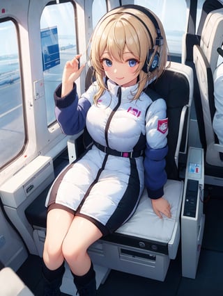 masterpiece, highest quality, High resolution,airplane_interior,  one girl sitting,purple_seat, daylight, padded_headrest, armrest, seatbelt, window_view, airplane_wing, natural_lighting, cabin, off-white_walls, overhead_compartments, navy_carpet BREAK zoom camera,one girl,BREAK inside spacecraft seats, happy ,smiling, BREAK sitting seats,office BREAK astrovest,headphone,black belts,black long sleeves,black tights,futurustic boots,iwatch,blonde hairs,Astrovest,tnf_jacket,bing_astronaut,astrovest,breakdomain