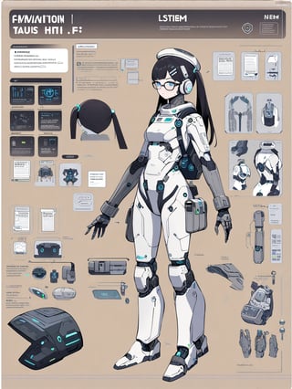 masterpiece, best quality, very aesthetic, absurdres,newest,(character design sheet):2, 1girl,black hair, glasses,twintails, blue eyes, (silver shiny skintight spacesuit):2, spacesuit with school uniform elements, (space helmet):2, beret, headphones, gloves, boots, (large life support system backpack):1.8, backpack, belt, hairpin, earrings, bracelet
BREAK
(front view), (back view), close-up of head, (detailed accessories), (detailed outfit), (high quality), (intricate design), (full body), (standing pose), (multiple angles), (design elements), (labeled parts)
BREAK
(with description text), (item labels), (annotations), (character sheet), (concept art), (futuristic), (sci-fi), (high resolution), (captions for each part), (detailed notes), (explanatory text boxes)
BREAK
(plaid pattern), (ribbon), (school uniform style), (reinforced exoskeleton elements), (detailed mechanical parts), (futuristic design), (high-tech details), (display), (pouch), (pocket), (LED lights), (sensors)
