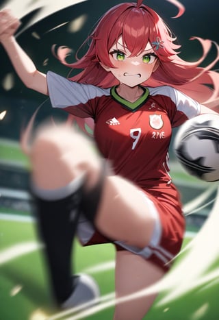 masterpiece, best quality, very aesthetic, absurdres,(1girl), sakura miko,hololive,A young girl in full soccer uniform, kicking a soccer ball with immense power, her body twisted in a dynamic motion, her hair flowing wildly, beads of sweat flying off her face, intense determination in her eyes, on a blurred green field with motion blur trails behind her.
