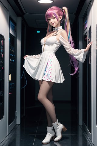 Cute redhead, gravure Idol, with rainbow colored hair tips, ribbons in her hair, 18-year-old woman, happy, in twin tails, perfect symmetrical eyes, clear sparkling blue eyes, pale skin, silky smooth skin, standing on a fancy luxurious space ship, large futuristic corridor, control panels, wood trim, decorative plants, warm lighting, wearing (white futuristic spacesuit):30,wearing a futuristic party dress, pleated (chemise) mini dress (pastel rainbow colors, and polka dots), wearing full body pantyhose, cute short cut booties.