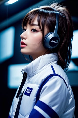 (((masterpiece))), (((best quality))), Best picture quality, high resolution, 8k, realistic, sharp focus, realistic image of elegant lady, Japanese beauty, supermodel, girl, standing, BREAK (black sleeves):1000,(black long tightfit sleeves) :1000,black belt, BREAK (headphone):10 (white astrovest):100, (white astrovest):2,BREAK inside space station,inside futiristic spacecraft ,space,galaxy,BREAK light brown hair, long hair, green eyes, side-swept bangs, sideburns, phone, (wet body:1.0), sunlight, sweat, helf body, shoes removed, Head tilt, untucked, Profile, (high quality:1.0), (white background:0.8), detailed face, (blush:1.0), 1 girl, Young beauty spirit, perfect light, Detailedface, big eyes, Sharp Eyess, perfect eyes , Smirk, Detailed face, dreaming back ground, photo of perfecteyes eyes,tnf_jacket,astrovest,bing_astronaut,,,<lora:659111690174031528:1.0>