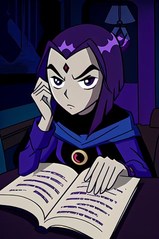 Raven reading a book with a pentagram symbol. Serious face. dark purple room scenery. Cartoon style. Teen Titans 