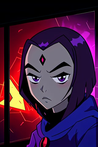 Raven taking a selfie with a demon behind her veiled in a pentagram. Camera angle. Demon. Mobile selfie. Serious face. dark purple room scenery. Cartoon style. Teen Titans 