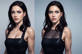 (photorealistic:1.5), realistic skin, black dress, perfect face, detailed pupil, blue eyes, half body, small chest, solo, standing