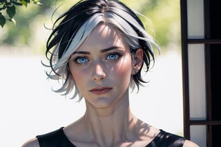 (photorealistic:1.5), closed mouth, realistic skin, black dress, short hair, perfect face, detailed pupil, blue eye:1.5, bright eye:1.5, half body, white haired, solo, standing,Detailedface,satoru gojo,white hair,blue eyes,short hair