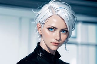 (photorealistic:1.5), closed mouth, realistic skin, black dress, short hair, perfect face, detailed pupil, blue eye:1.5, bright eye:1.5, half body, white haired, solo, standing,Detailedface,satoru gojo,white hair,blue eyes,short hair