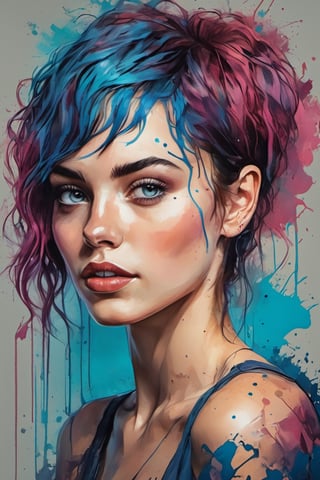 Highly detailed and hyper-realistic painting portrait of (a gorgeous petite 25-year-old woman, dark pixie haircut with long bangs, blue highlights and shaved sides, large and round forehead, upturned nose, small red mouth with pink lipstick, very similar to a 25-years-old Jenna Ortega, pale pearl skin, (curvy body:1.4), (beautiful big blue eyes:1.3), thick eyebrows, (big breasts:1.5), BREAK (posing barefeet:1.4), facing the viewer:1.2), standing in a cyberpunk post-futurist city. BREAK (aggressive and provocative expression:1.3), tough pose, (front view:1.4), looking at the viewer, (feet POV in foreground:1.8), ground level, BREAK vaporwave aesthetics, (full body shot:1.6), neon punk blue visual tone, (dark atmosphere and dull colors:1.2), eye level, bad slum in the background, BREAK muted colours, (extremely realistic and accurate:1.4), league of legends, BREAK octane render, intricate, ultra-realistic, elegant, highly detailed, digital painting, artstation, concept art, smooth, sharp focus, illustration, by ilya kuvshinov and krenz cushart, three-quarters view, sharp hard lines, brush strokes, watercolor, oil painting, ink panting, style by Agnes Cecile, Alberto Seveso, Anna Bocek, Carne Griffiths, Charlie Bowater, ink, Comic Book-Style 2d, detailmaster2, street art, graffiti,feet, feet out