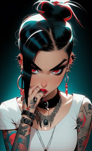1girl, solo, long hair, looking at viewer, shirt, black hair, long sleeves, jewelry, closed mouth, white shirt, upper body, earrings, choker, hair bun, nail polish, black eyes, collar, lips, tatto,fingernails, v, double bun, ring, black nails, red background, forehead, spikes, double v, print shirt, spiked collar,red nails, multiple rings