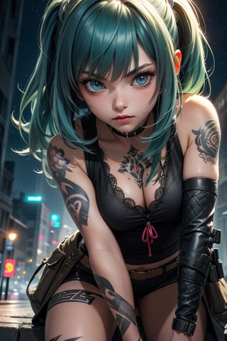 girl warrior tatto  , good image quality, night style city background
