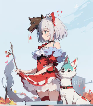  
a cute girl, in profile, with a beautiful face, dressed as a little red riding hood with a wolf's head on her head.