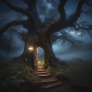 (Hasselblad 35mm, Award Winner, (photorealistic)), nightime, a montainous landscape, eerie mist, faery tales, mystical tree of life in center, luminescent faerie mushroom ring, nebula, starry sky, harmonious, sublime, serenity, luminescent fireflies swirling around tree, rustic path leading to a magical glowing door inside tree, [fog:0.9,]