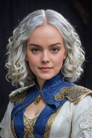 (best quality, epic masterpiece:1.3), (analog photo, studio portrait), Daisy Ridley, expressive cobalt blue eye color, Long ash white hair, Voluminous hair Curls Loose, hair over eye,  wearing royal imperial empress dress, finely detailed and woven cloth of silver, gold and majestic blue ,more detail XL ,SHARP REALISTIC MODEL , REALISTIC MODEL 