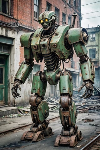 (analog photo:1.5), Imagine a methodically evil robotic soldier, a relic from Stalin's infantry, coated in a menacing shade of green with patches of rust, exuding a sense of ominous decay. This mechanical behemoth, with its towering presence, is reminiscent of a bygone era of totalitarian might. Its movements are calculated and precise, instilling fear in all who dare to cross its path. With fiery projectiles erupting from its weaponized appendages, it leaves destruction in its wake, a terrifying force to be reckoned with. This dystopian vision is brought to life through a fusion of retro-futuristic and steampunk art styles, blending mechanical intricacy with a gritty, industrial aesthetic.