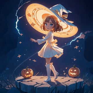 (dark background:1.33), start lights, ruins, full body, chibi, (18year old girl:1.5)), Anime SFW image, beautiful girl, slender figure, young adult, random poses, random angles, A composition that captures the whole body, detailed fan art, witch girl, splash art anime kawaii, bright witch, official artwork, witch hat commission, Cheerful, official fan art, cute art style, best quality, extreme light and shadow, magical wand, white thigh high boots, brown robe, white skirt, night view, bouncing hair, 1 girl, anime style, small face features, large expressive eyes, small nose, thin lips, small chin, soft hands, (realism: 1.2), petite, bangs, (trace the contour with detailed intricate white thin lined crackling shimmering vibrant lightning:1.3), (glowing:1.1), (shimmer and twinkl:1.2), luminism, breathtaking fusion of light, indelible impression, high quality, masterpiece, swirling luminescent ribbons, (halloween theme:1.15), 