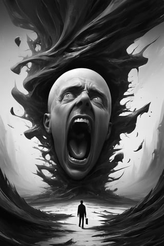 (surreal, conceptual, haunting, wallpaper, ultra detailed, high quality),  his endless screaming makes his own mind eat him up, abstract, surrealism, black and white, artstation, deviantart, pinterest, 8 k 