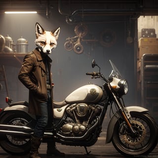 room2,  digital artwork of animal fox dressed in a trench coat, solo, anthropomorphic fox, fox mechanic, mechanic workshop, working on a motorcycle, fixing a motorcycle, zootopia concept art, great character design, high quality character design, expert high detail concept art, arcane style, 
